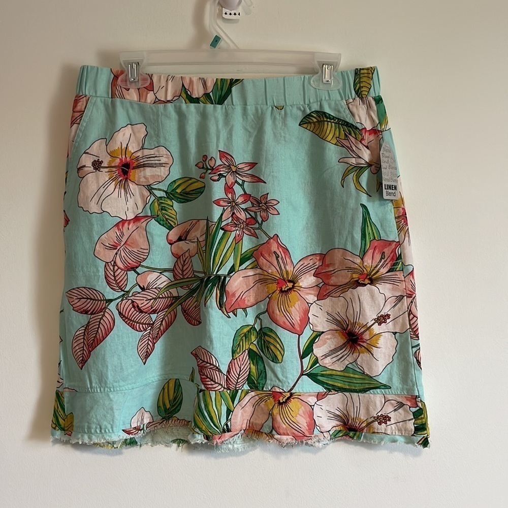 NWT For Cynthia Linen Blend Skirt LG Blue Floral Tropical Botanical Cruise
